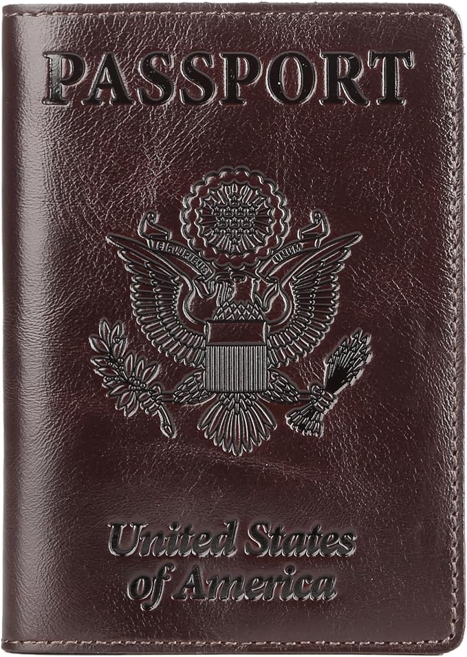 US Leather Passport Book Cover - Thin American Travel Passport Holder - Premium International USA Passport Protector Case for Women Men (Glossy Brown)