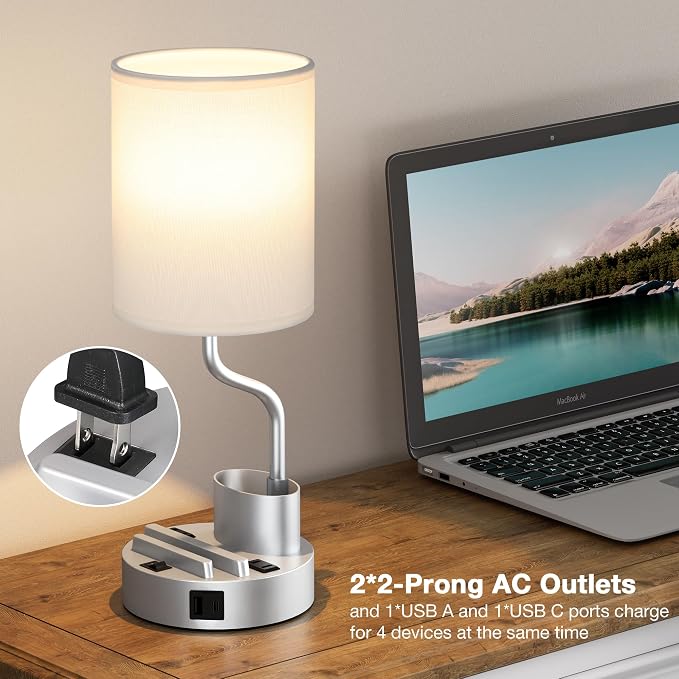 Bedside Lamps for Bedroom Set of 2 - Table Desk Lamp for Nightstand | 15" Table Lamp for Living Room with Pen Holder & Phone Stand, USB A+C Port, AC Outlet, 3 Color Temperature, LED Bulb Included