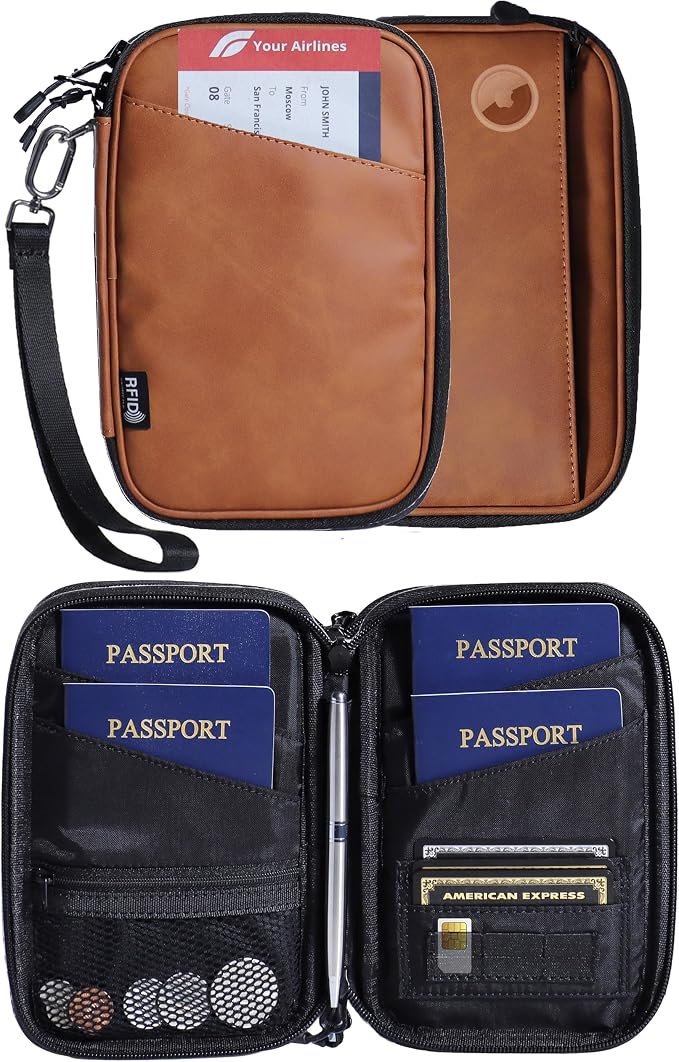 Lagre family passport holder for 4 passport wallet for travel passport cover rfid blocking for women waterproof wallet with zipper airtag passport case for men multiple passport bag (BROWN)