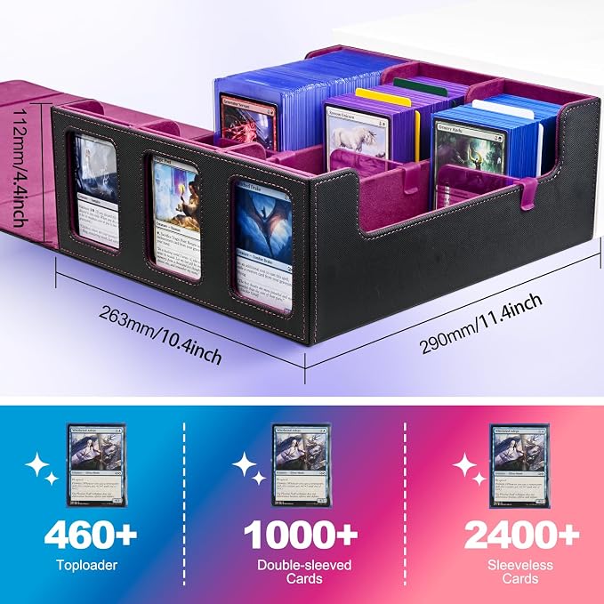 UAONO Card Storage Box for Trading Cards, 1800+ Commander Deck Box for MTG with Display Window, Toploader Card Case fits Magic TCG PTCG Sports Cards; 10 Removable Divider, 3 Stoppers (Black, Purple)