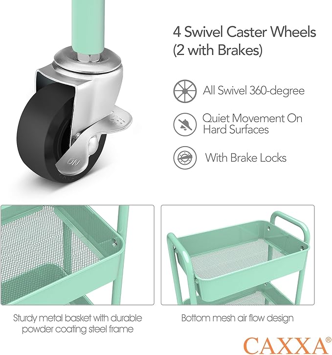 3-Tier Rolling Metal Storage Organizer - Mobile Utility Cart, Kitchen Cart with Caster Wheels (Aqua Green)