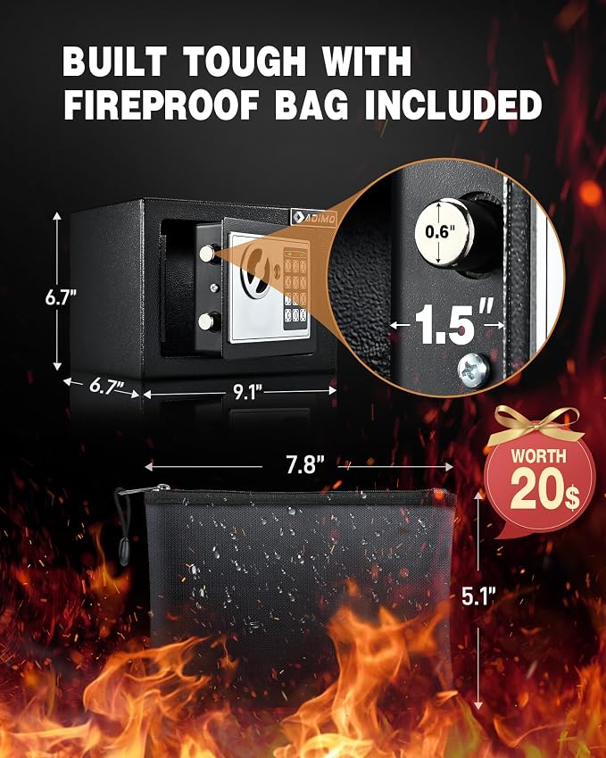 Safe Box, Small Safe for College Dorm Room with Fireproof Waterproof Money Bag for Cash or Document, Keys &Pass Code, Home Money Box with Kits, 0.23CuFt Hidden Lockbox for Home Office Hotel