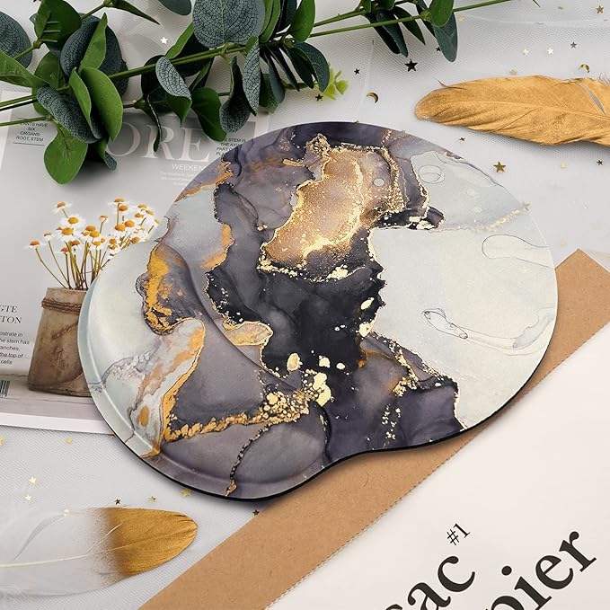 WAVEYU Gray Gold Black Marble Mouse Pad, Cool Mouse Mat for Men Women Non-Slip Rubber Base Mousepad for Desk Laptop Gaming Working Computers Easy Typing & Pain Relief