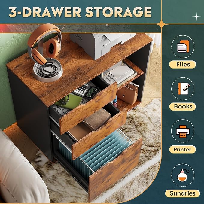 DEVAISE 3-Drawer Wood File Cabinet, Mobile Lateral Filing Cabinet, Printer Stand with Open Storage Shelves for Home Office, Rustic Brown | Mobile Printer Stand, Open Storage Shelves, Letter & A4 Compatible, Wood, Home Office