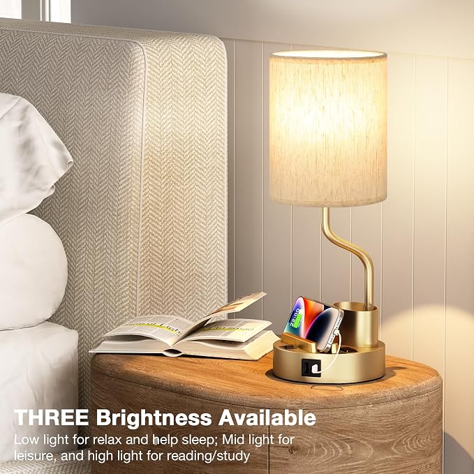 Bedside Lamps for Bedroom Set of 2 - Table Desk Lamp for Nightstand | 15" Table Lamp for Living Room with Pen Holder & Phone Stand, USB A+C Port, AC Outlet, 3 Color Temperature, LED Bulb Included