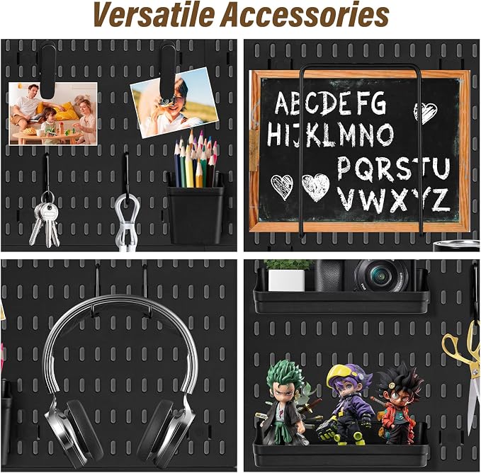 AKTOP Plastic Peg Board Wall Organizer 4-Pack, 12"x12" Pegboard Kit, Black | Includes 13 Accessories, Adhesive or Drill Mounting, Superior Load Capacity, Ideal for Office, Gaming Room, Craft Room