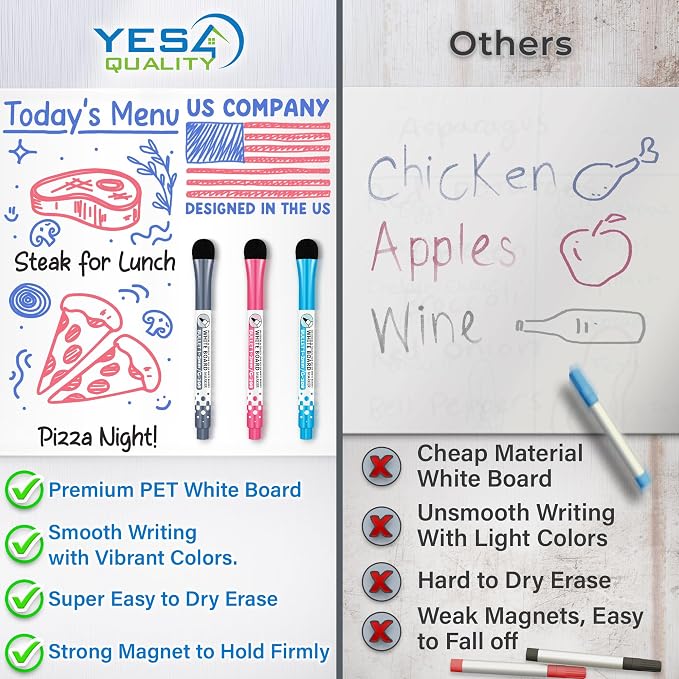 29x21” Magnetic Dry Erase White Board for Fridge w/ 3 Markers & Eraser | Yes4Quality Stain-Resistant Whiteboard Planner Organizer Sheet, Sticks to Most Refrigerators, Colorful Markers, Magnet Eraser