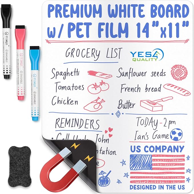 14x11” Magnetic Dry Erase White Board for Fridge w/ 3 Markers & Eraser | Yes4Quality Stain-Resistant Whiteboard Planner Organizer Sheet, Sticks to Most Refrigerators, Colorful Markers, Magnet Eraser