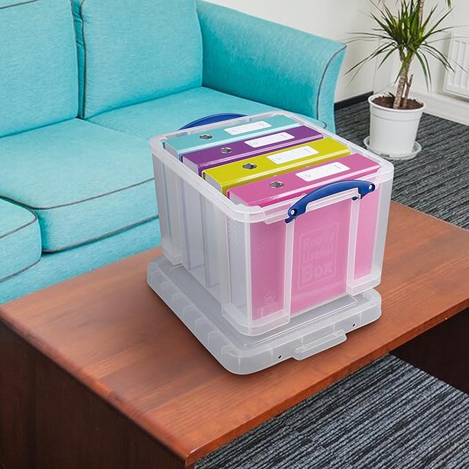 Really Useful Box 32 Liters Storage Bin Container with Snap Lid and Clip Lock Handles for Lidded Home and Office Storage Organization, 9 Pack