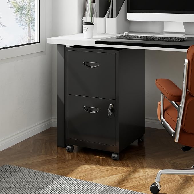 Polup 2 Drawer Rolling File Cabinet with Lock for Home Office | Metal Mobile Filing Cabinet on Wheels, Small Under Desk Storage, Fits Hanging Letter Size, Printer Stand, Black