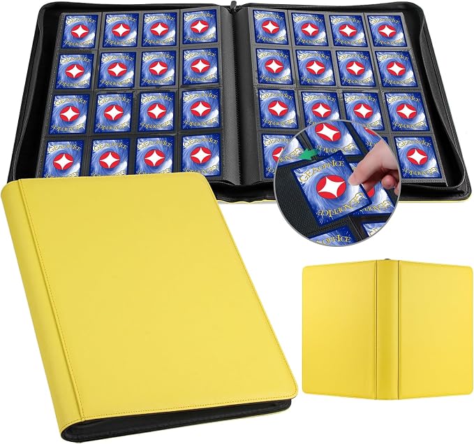 GEAoffice 16 Pocket Trading Card Binder for 1000+ Cards, Ringless Side-Loading 4x4 Card Binder with Zipper Closure, PU Leather 1024 Card Binder for MTG/TCG/Baseball/Sports&Game Cards, Yellow