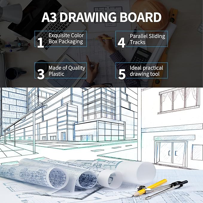 Zonon A3 Portable Drawing Board, Multi-Function Metric Drafting Table Drafting Board with Clear Rule Parallel Motion and Angle Adjustable Measuring System(A3)