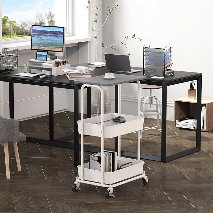 Simple Houseware 2-Tier Rolling Utility Cart Wood Top/Lockable Wheel, Gray | Metal Storage Organizer Trolley for Kitchen, Bathroom, Office, Craft Room