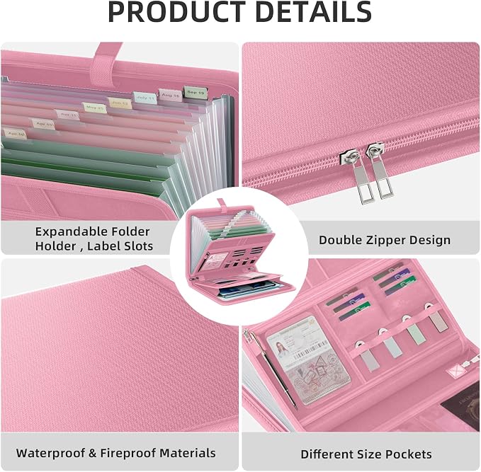 Fireproof Accordion File Organizer, Expanding File Folder with 13 Pockets | Portable Document Organizer with Waterproof Zipper & Labels, File Organizer for Important Document/Paper Storage, Pink