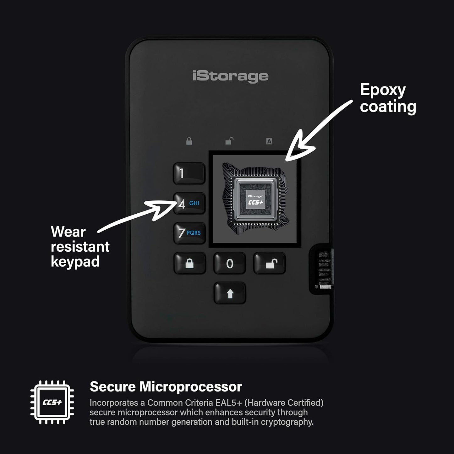 iStorage diskAshur2 HDD 3TB Black - Secure portable hard drive - Password protected - Dust & water resistant - Hardware Encryption