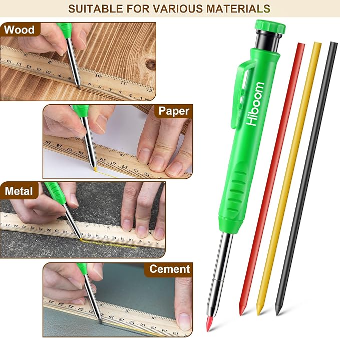 Hiboom 2 Pack Carpenter Pencils with Pencil Cap and 18 Refills, Green | Mechanical Pencil, Deep Hole Marking, Built-In Sharpener, Long Nose Tip, Pocket Clip, Marks Many Surfaces, Woodworking Use