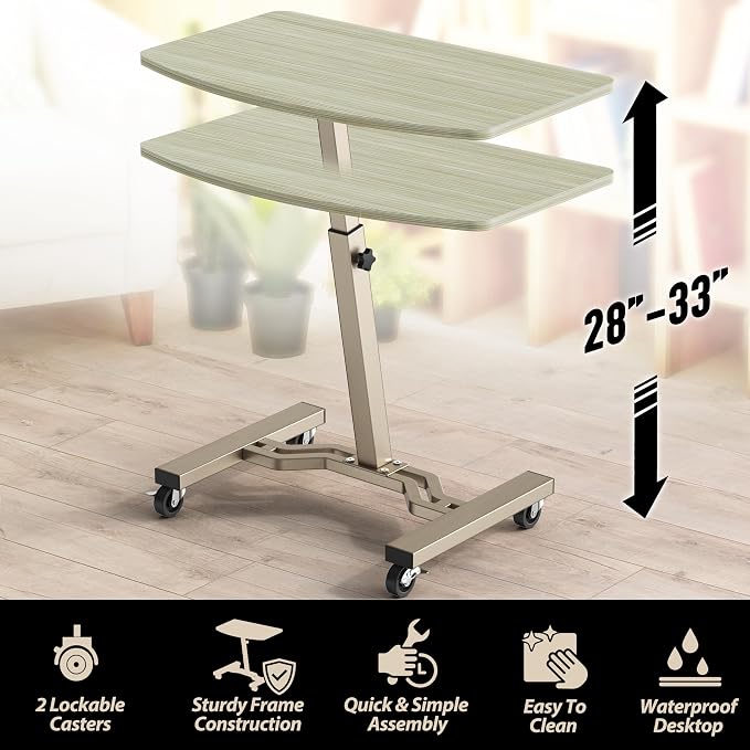 SHW Mobile Height Adjustable Laptop Rolling Cart w/Lockable Wheels, Maple | Height Adjustable from 28" to 33"
