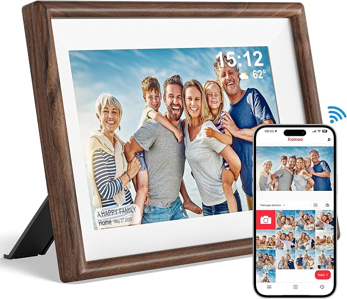Frameo 10.1" Smart Digital Picture Frame with Walnut Moulding, 16:9 1280p HD IPS Touchscreen Display, 32GB Storage, MicroSD Slot, Plug-in Power, Easy Wireless Photo & Video Sharing, Idea