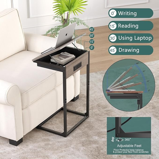sthmec C Shaped End Tables with Charging Station, 45° Tiltable Adjustable Flip Top Side Table with Storage,Small C Table for Small Spaces,Slide Under Couch Sofa Bedside Tables for Living Room, Grey
