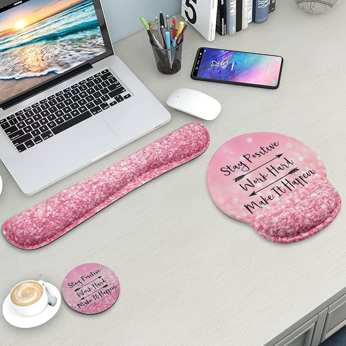 Mouse Pad and Keyboard Wrist Rest Support,Ergonomic Mouse Pad Set | Mousepad With Coaster and Non-Slip PU Base,Pain Relief for Desk Desktop Gaming, Computer,Office -Beach