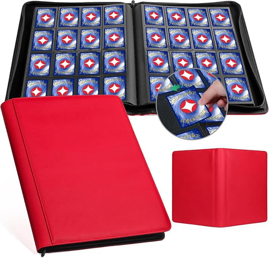 GEAoffice 16 Pocket Trading Card Binder for 1000+ Cards, Ringless Side-Loading 4x4 Card Binder with Zipper Closure, PU Leather 1024 Card Binder for MTG/TCG/Baseball/Sports&Game Cards, Red