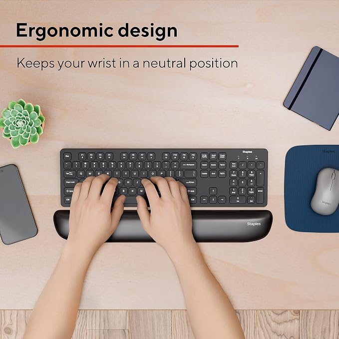 STAPLES Gel Keyboard Wrist Rest, Ergonomic Non‑Slip Wrist Support Cushion for Comfortable Typing, Durable Gel‑Filled Design, Black Crystal