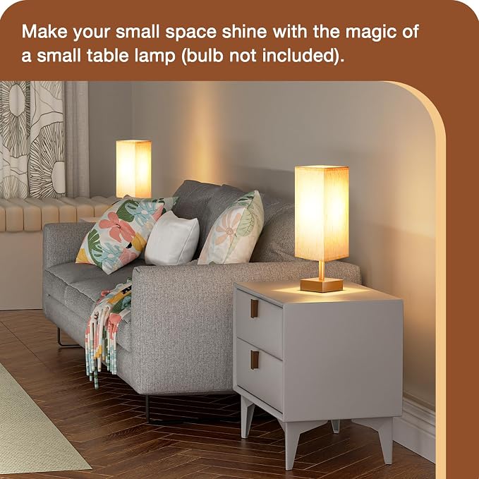aooshine Gold Small Table Lamp - Bedside Lamp for Bedroom, Minimalist Nightstand Lamp with Square Fabric Shade, Desk Lamp for Kids Room Dorm | Inline Rocker Switch, Corded Electric, Bulb Not Included, 12.8" Mini Table Lamp for Nightstand, Desk, Dorm, O...