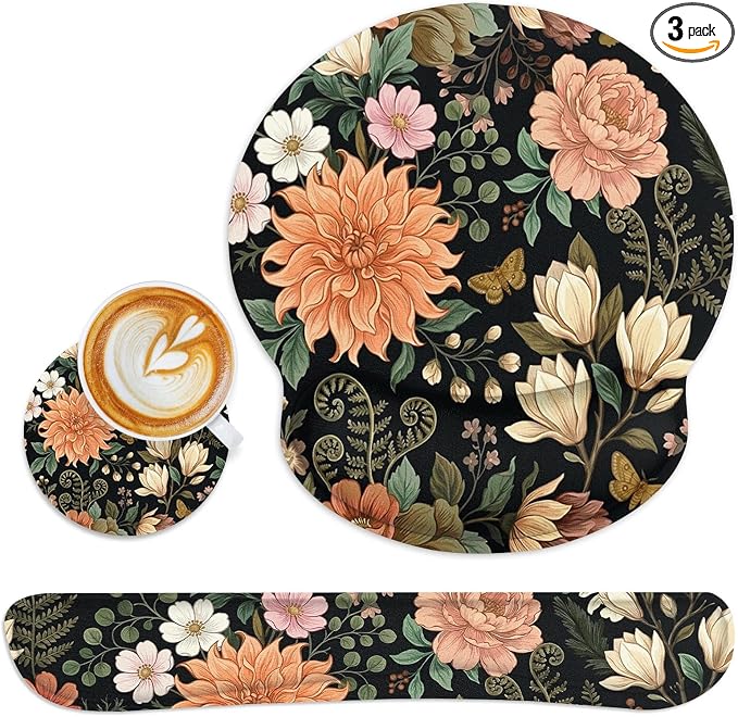 Ergonomic Mouse Pad Set with Wrist Rest, Floral Flower | Leaves Colorful Non-Slip Rubber Base Wrist Cushion Support and Coasters Mousepad with Wrist Support for Computer Keyboard