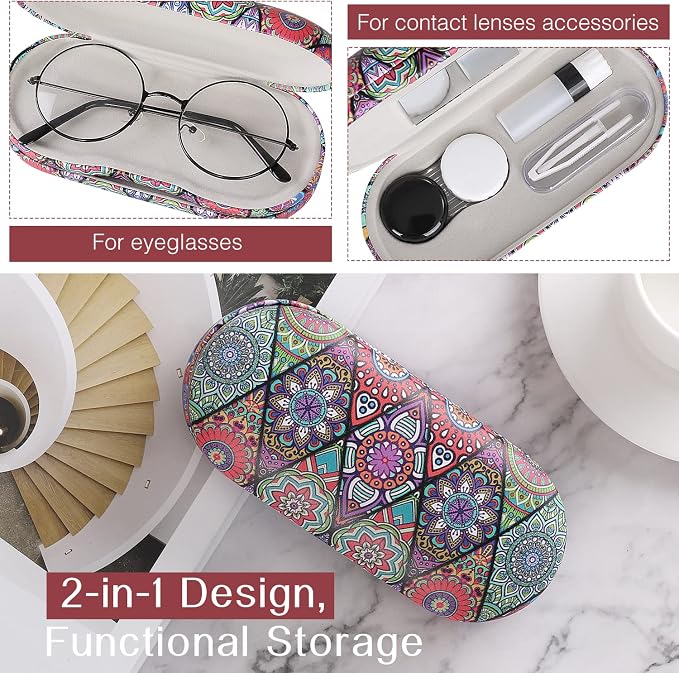 MoKo Double Eyeglass Case, Contact Lens Case with Mirror Tweezers Remover, 2 in 1 Double Sided Portable Contact Lens Box Holder Container Storage Kit Sunglasses Pouch for Men & Women, Rhombic Datura