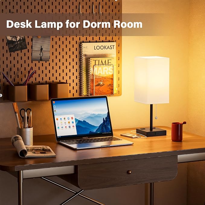 Bedside Lamp for Bedroom Set of 2 - Table Desk Lamp for Nightstand | USB A+C Ports, AC Outlet, 3 Color Temperatures, LED Bulb Included, Pull Chain, 14" Rectangular Desk Lamp for Office, 2-Pack