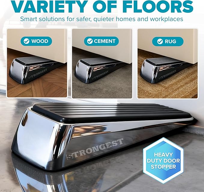 STRONGEST HOME Stoppers for Bottom of Door – Heavy Duty Metal Rubber Door Stopper, Non-Slip Door Stop for Heavy Doors, Works on Wood, Tile & Carpet Floors, Wedge Chrome 1 PC + 1 White Wall Protectors