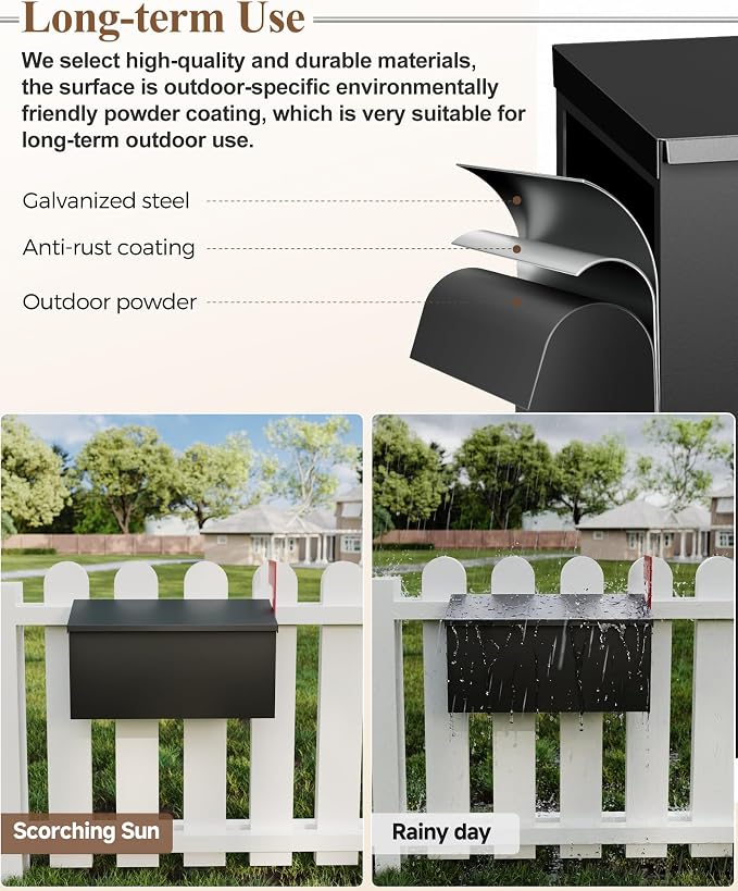 Wall-Mount Mailbox for Outside, Large Capacity Rust-Proof Mail Box with Stay-Open Lid & Red Flag Kit, Galvanized Steel Weather-Resistant Post Box for House Outside, 13"x4.1"x6.9", Black