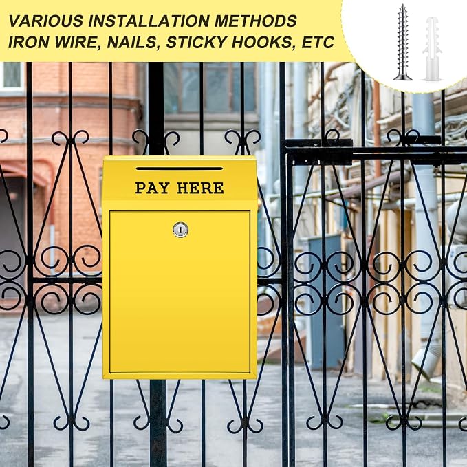 Yaocom Safe Metal Cash Box for Farm Stand – Money Drop and Secure Donation Collection, Wall Mount Lockable Unit with Pre Drilled Holes for Outdoor Self Serve(Yellow,11.8 x 8.6 x 4.7 Inch)
