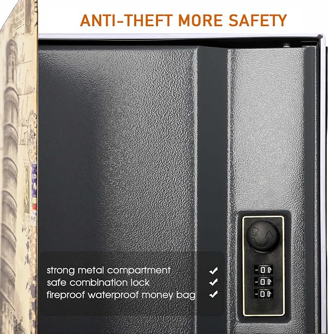Diversion Book Safe with 4200°F Fireproof Money Bag and Combination Lock, 10.5" x 7.9" x 2.5" Fake Book Hidden Storage Safe, Hollow Secret Portable Metal Storage Box for Cash, Valuables- Leaning Tower