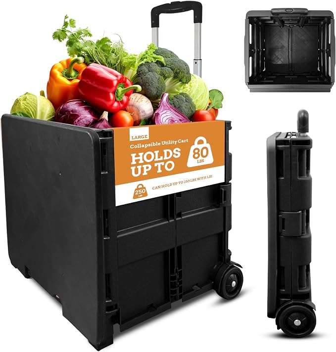 Collapsible Ultra-Slim Pack-N-Roll,2 Wheel Utility Cart w/Lid used as Seat up to 250 Lbs, Telescopic Handle - Super Strong, for Home, Garden, Shopping, Office, School use, Large, Black