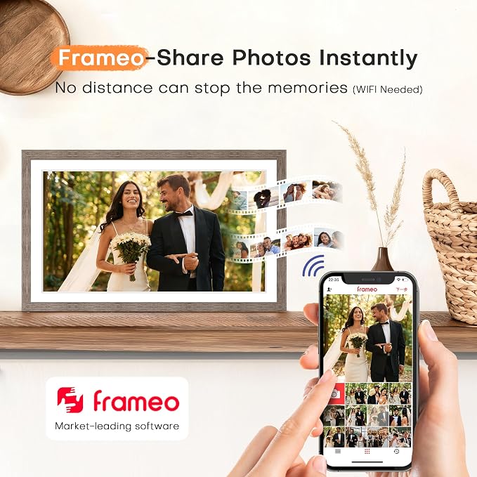 Digital Picture Frame 15.6 Inch, Large WIFI Digital Photo Frame Frameo,Electric Slideshow Frame, 1920 * 1080 IPS FHD Touchscreen, 32GB, Tabletop&Wall-Mounted, Share Video Picture, Wedding Gift, Greige