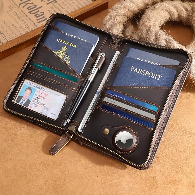 Polare Full Grain Leather Passport Holder Cover Case for Men and Women RFID Blocking Family Travel Wallet Holds 6 Passports (Dark Brown with AirTag Slot)