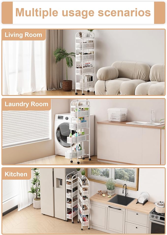 UMDONX 5-Tier Narrow Mobile Storage Cart with Pull-Out Baskets | The Multifunctional Pull-out Storage Rack Is Suitable for Bathrooms, Kitchens, and Laundry Rooms