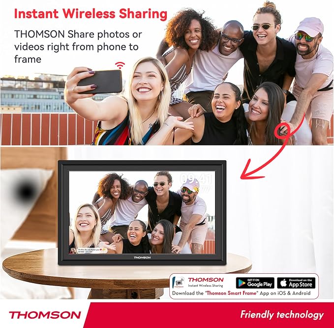 THOMSON 15.6Inch FHD Digital Picture Frame, 1920x1080 IPS Digital Photo Frame with 32GB Large Storage, Quad-Core CPU, Auto-Rotate, Slideshow, Easy Photo Transfer via WiFi APP/Email/USB/SD Card