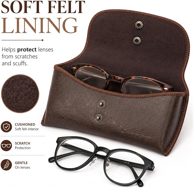 Calabria Double Snap Belt Loop Eyeglass Case PU Leather Brown Old School Vintage Eye Glasses Pouch Semi-Hard Sunglass Holder - 50PACK