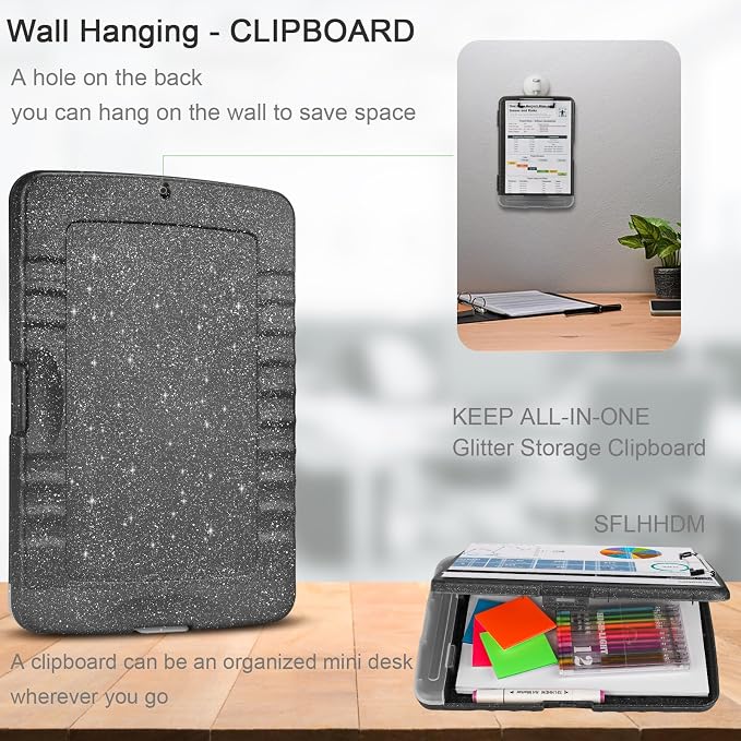SFLHHDM Glitter Clipboard with Storage, Plastic Storage Clipboard with Pen Holder, Clip Boards 8.5x11 with Low Profile Clip, Side Opening Sparkle Clipboards Folder for Office (Glitter Dark Gray-Black)