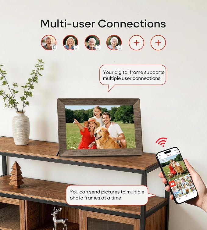 Frameo 10.1" Digital Picture Frame with 32GB Memory Wood WiFi Electronic Photo Frame 1280 x 800 IPS Touch Screen Auto-Rotate Slideshow Wall Mountable Share Photos/Video Remotely Anywhere