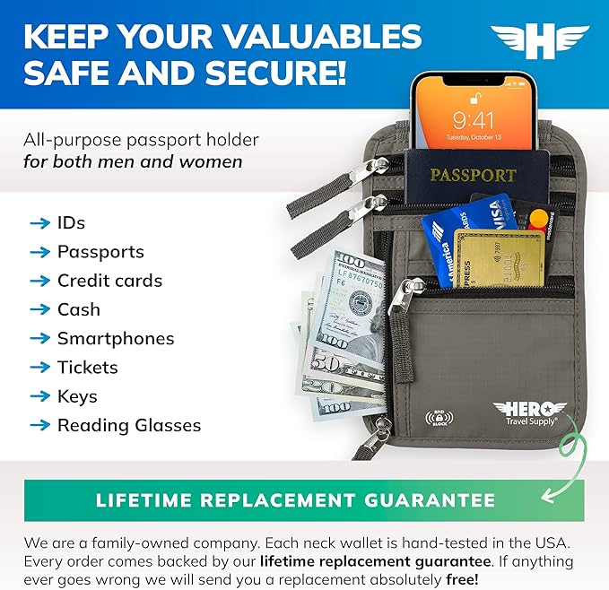 HERO Neck Wallet - RFID Blocking Passport Holder, Easy to Conceal Travel Pouch (Army Grey)