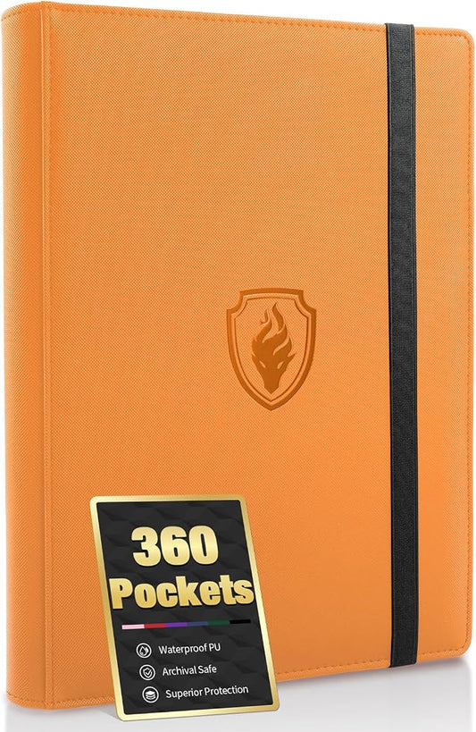 Premium 9 Pocket Card Binder for 360 Cards, Fabmaker PU Cover Trading Card Binder, Sturdy Card Collection Album, Sleek Card Holder Folders for Game Cards & Sports Cards, Orange