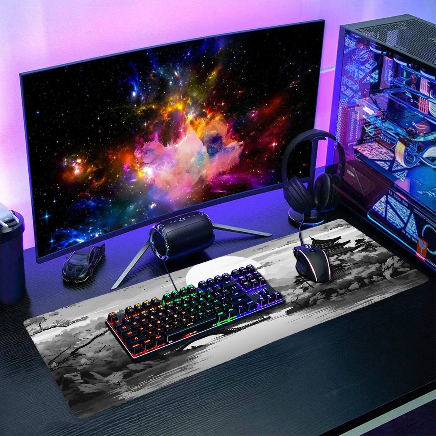 Black Gray Japanese Sakura Gaming Mouse Pad XXL Grey White Cherry Blossom Tower Mountain Aesthetic Extended Desk Mat Big Mousepad Non-Slip Rubber Base Stitched Edge Mousepad for Office,31.5×11.8 in