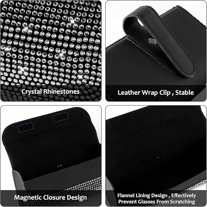 Accmor Bling Sunglasses Holder for Car Sun Visor 2 Pack, PU Leather Auto Glasses Storage Case Eyeglasses Organizer Protective Box Sparkling Crystal Car Accessories for Truck, SUV, RV (Black)
