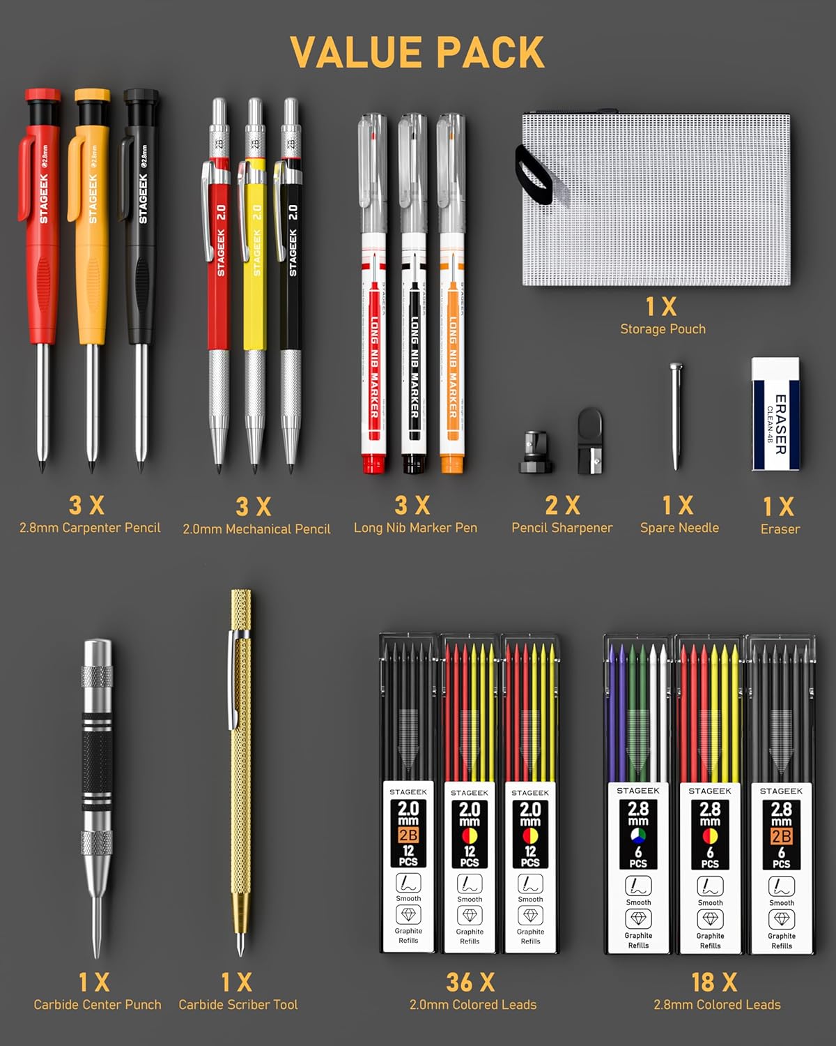 22 Pack Mechanical Carpenter Pencil Set with Sharpener 60 Refills, Automatic Center Punch, Carbide Scribe Tool, Eraser and Deep Hole Marker Pen, Heavy Duty Construction Pencil for Architect-With Pouch