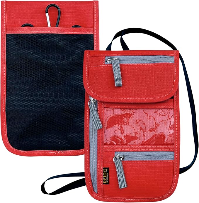 Travel Neck Wallet, RFID Blocking Passport Holder with Adjustable Neck Strap for Men and Women to Keep Cash, Credit Cards and Travel Documents Safe - Red