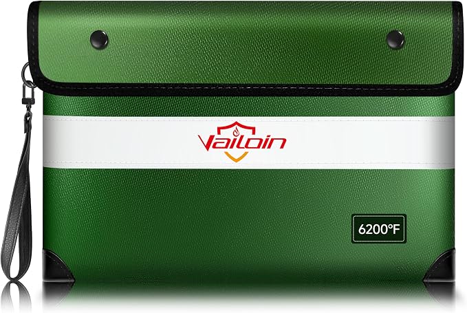 Vailoin 6200°F Fireproof Money Bag, 8 Layers of Heat Insulated Materials | Double-sided Reflective Strip, Waterproof Zipper,Certified to SGS UL94 V-1, for Tablet, Cash, A5-sized documents（Green）
