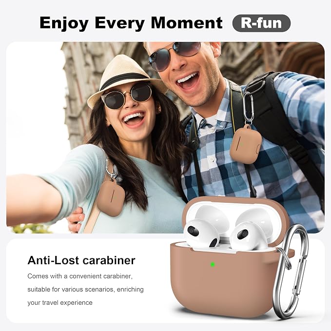 R-fun Compatible with AirPods 3 Case Cover, Silicone Protective Accessories Skin with Keychain Compatible with Apple AirPod 3rd Generation 2021 for Women Men Girls Boys,Front LED Visible,Milk Tea